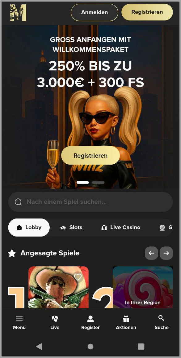 Optimierte mobile Version der MrWinz casino-Website