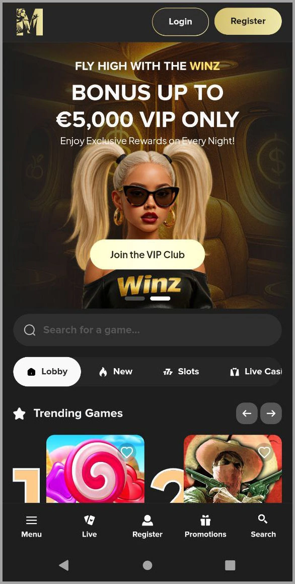 Optimized mobile version of the MrWinzcasino website