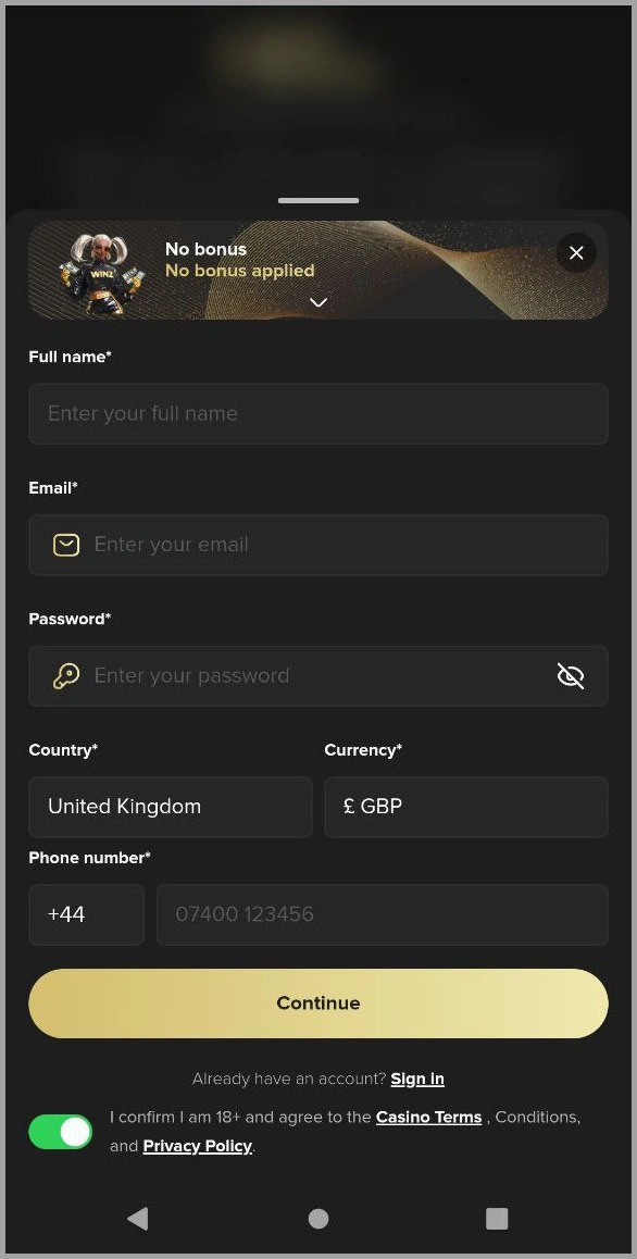 Quick registration for new players at MrWinzcasino