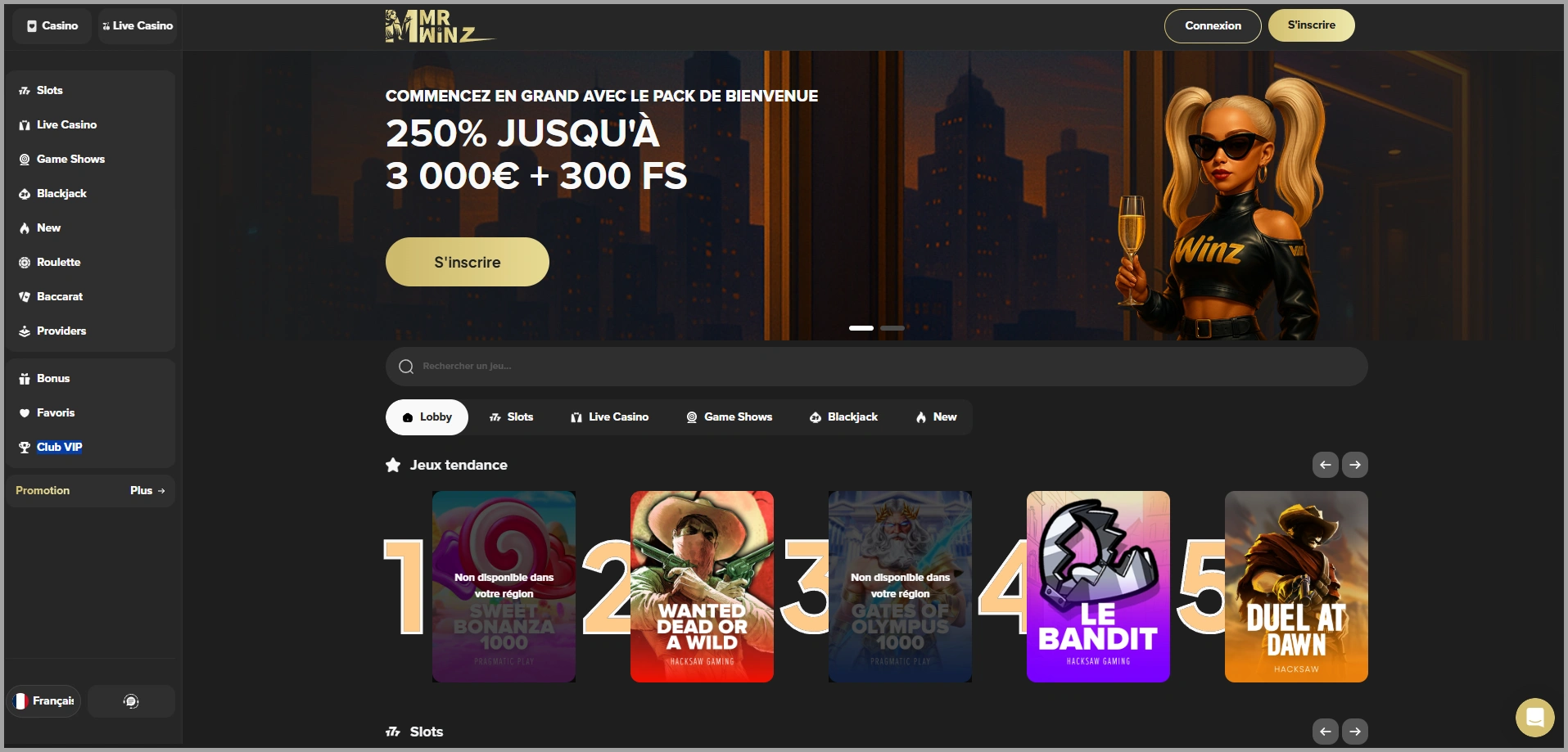 Aperçu compact des sections principales de MrWinz casino