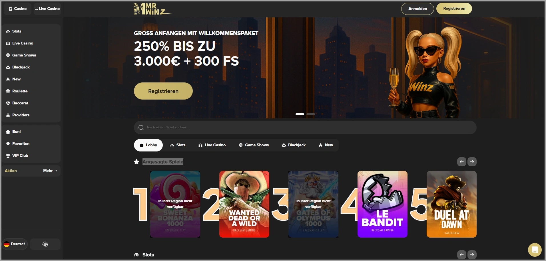 Kompakte Übersicht der Hauptkategorien von MrWinz casino